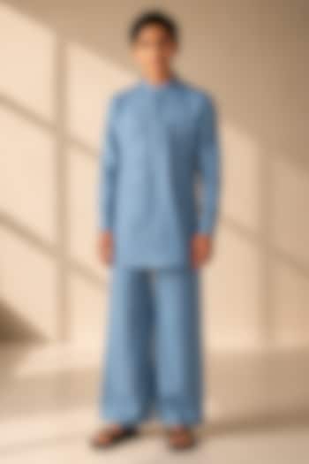 Sky Blue Linen Thread Embroidered Co-Ord Set For Boys by Amit Arora Kids at Pernia's Pop Up Shop