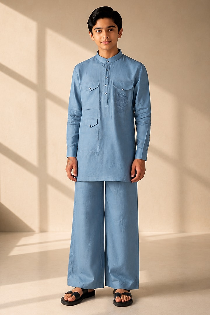 Sky Blue Linen Thread Embroidered Co-Ord Set For Boys by Amit Arora Kids at Pernia's Pop Up Shop