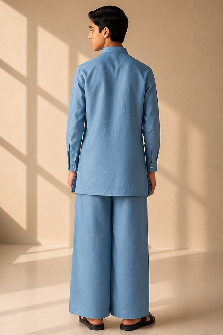 Sky Blue Linen Thread Embroidered Co-Ord Set For Boys by Amit Arora Kids at Pernia's Pop Up Shop