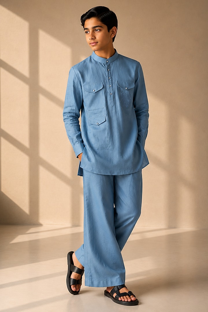 Sky Blue Linen Thread Embroidered Co-Ord Set For Boys by Amit Arora Kids at Pernia's Pop Up Shop