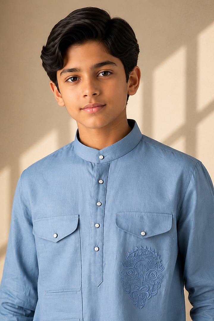 Sky Blue Linen Thread Embroidered Co-Ord Set For Boys by Amit Arora Kids at Pernia's Pop Up Shop