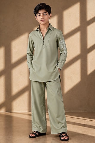 Mint Green Crepe Thread Embroidered Co-Ord Set For Boys by Amit Arora Kids