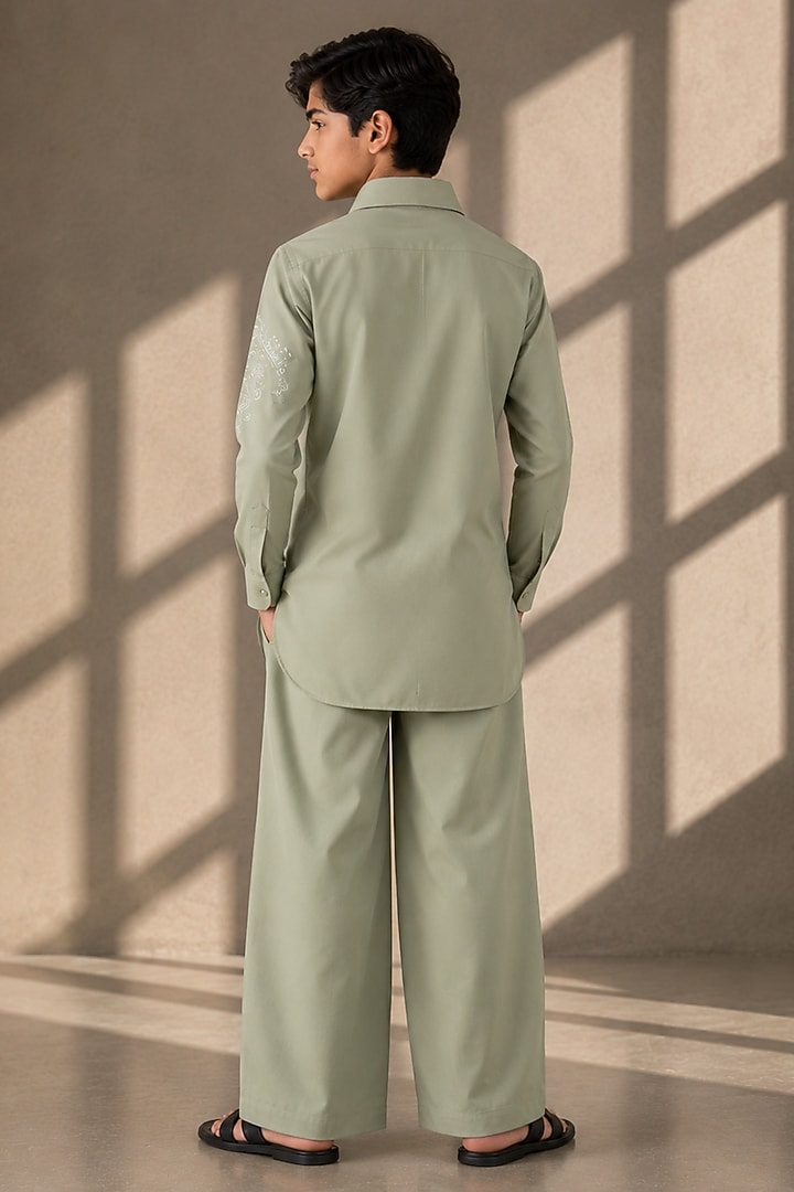 Mint Green Crepe Thread Embroidered Co-Ord Set For Boys by Amit Arora Kids at Pernia's Pop Up Shop