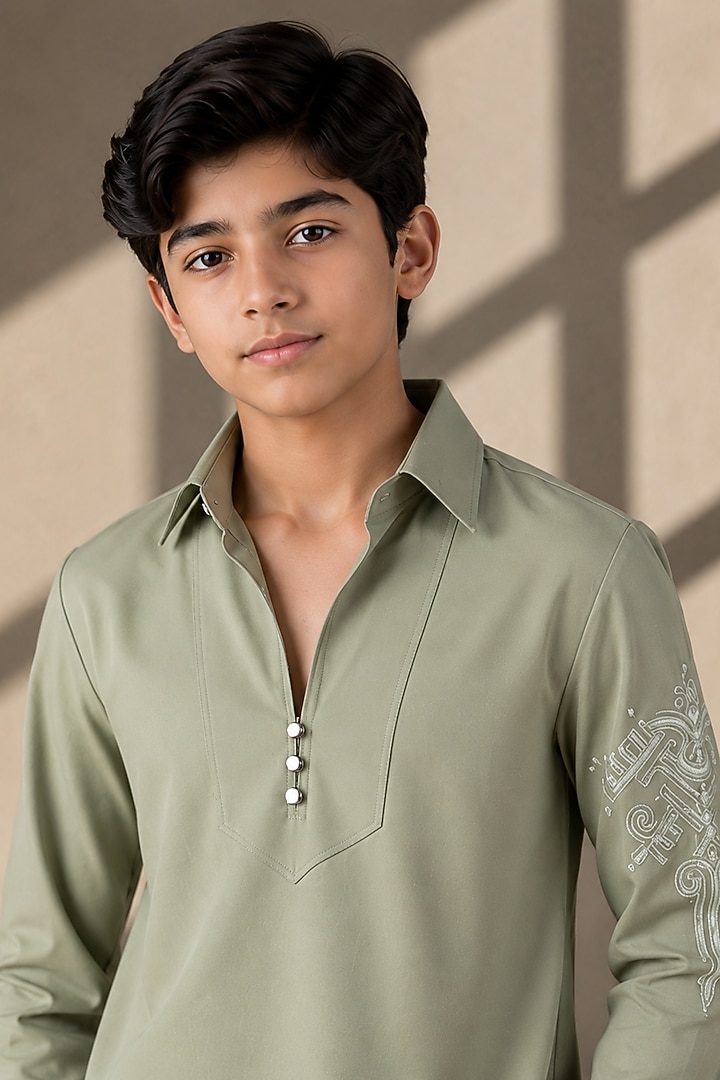 Mint Green Crepe Thread Embroidered Co-Ord Set For Boys by Amit Arora Kids at Pernia's Pop Up Shop
