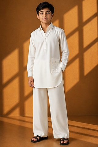 Ivory Crepe Embroidered Co-Ord Set For Boys by Amit Arora Kids