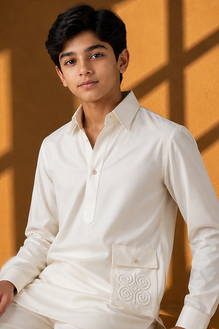 Ivory Crepe Embroidered Co-Ord Set For Boys by Amit Arora Kids at Pernia's Pop Up Shop