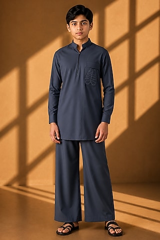 Dark Grey Crepe Embroidered Co-Ord Set For Boys by Amit Arora Kids