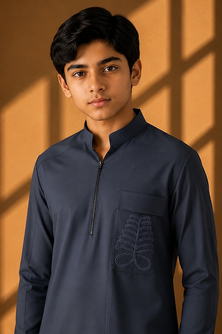 Dark Grey Crepe Embroidered Co-Ord Set For Boys by Amit Arora Kids at Pernia's Pop Up Shop