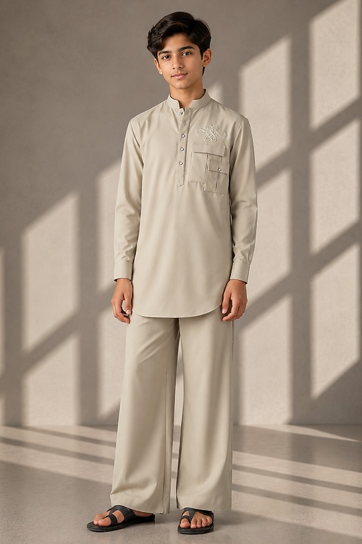 Beige Crepe Thread Embroidered Co-Ord Set For Boys by Amit Arora Kids at Pernia's Pop Up Shop