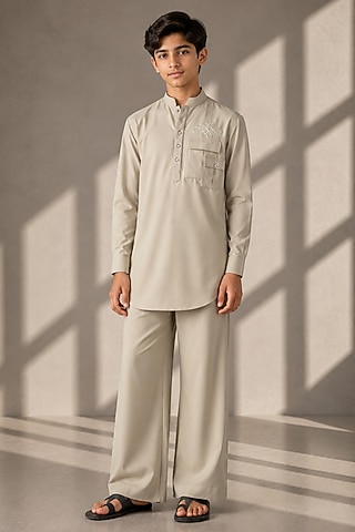 Beige Crepe Thread Embroidered Co-Ord Set For Boys by Amit Arora Kids