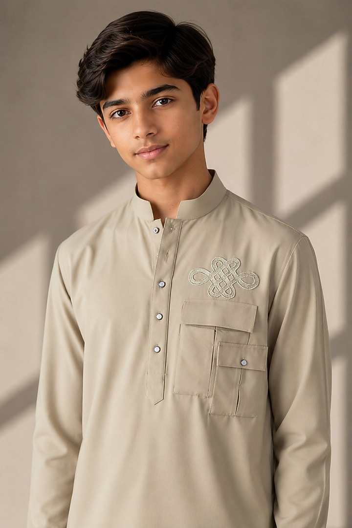 Beige Crepe Thread Embroidered Co-Ord Set For Boys by Amit Arora Kids at Pernia's Pop Up Shop