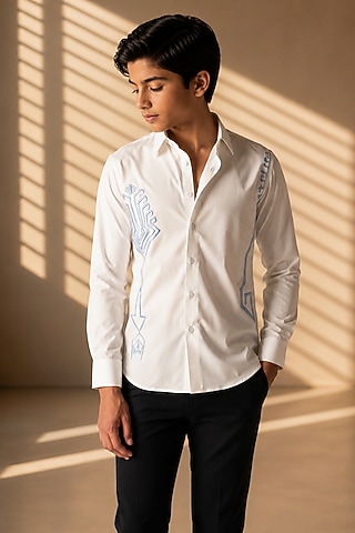 White Cotton Motif Embroidered Shirt For Boys by Amit Arora Kids