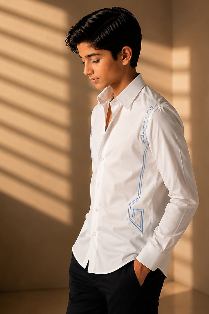 White Cotton Motif Embroidered Shirt For Boys by Amit Arora Kids at Pernia's Pop Up Shop