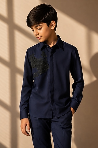 Navy Blue Polynosic Pearl Embroidered Shirt For Boys by Amit Arora Kids