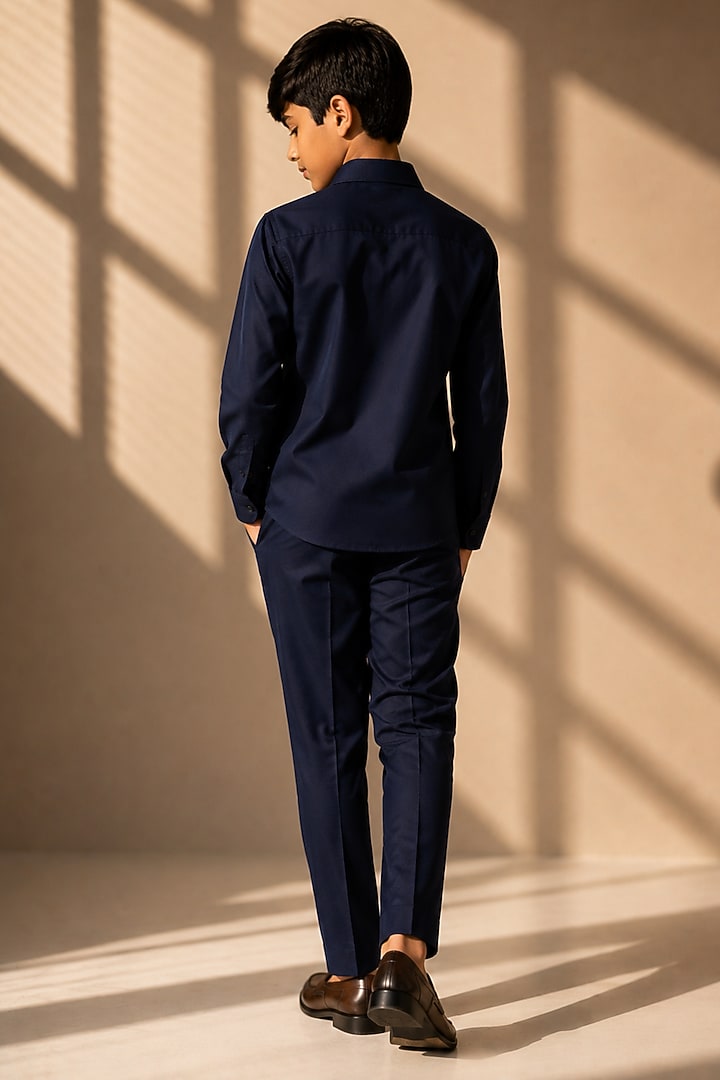 Navy Blue Polynosic Pearl Embroidered Shirt For Boys by Amit Arora Kids at Pernia's Pop Up Shop