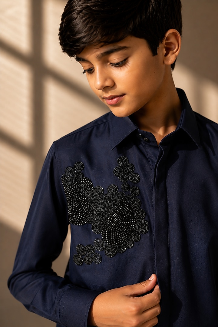 Navy Blue Polynosic Pearl Embroidered Shirt For Boys by Amit Arora Kids at Pernia's Pop Up Shop