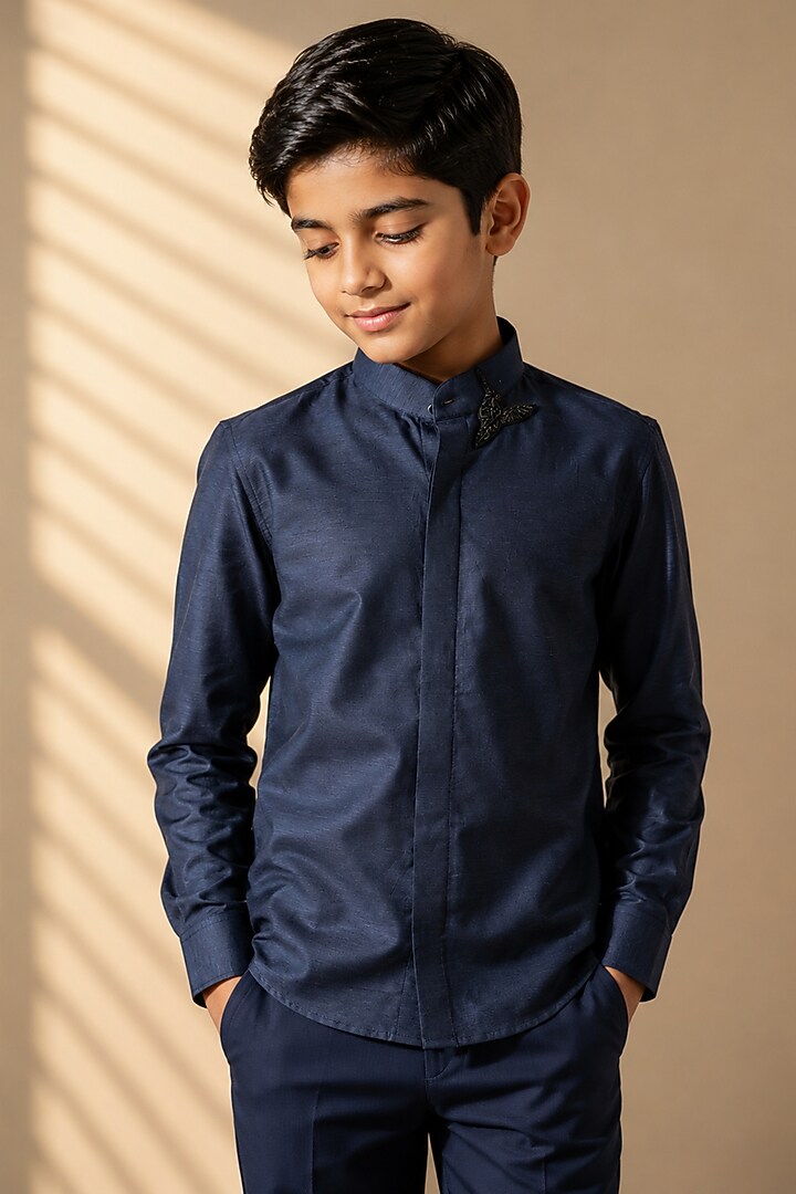 Blue Knit Hand Embroidered Shirt For Boys by Amit Arora Kids at Pernia's Pop Up Shop