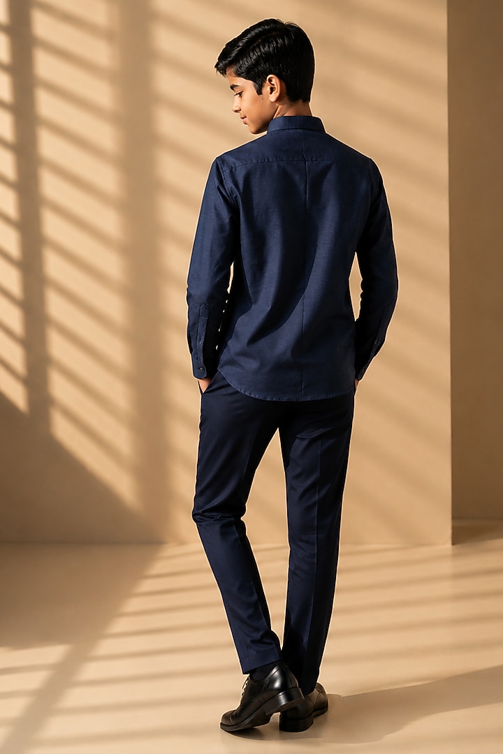Blue Knit Hand Embroidered Shirt For Boys by Amit Arora Kids at Pernia's Pop Up Shop