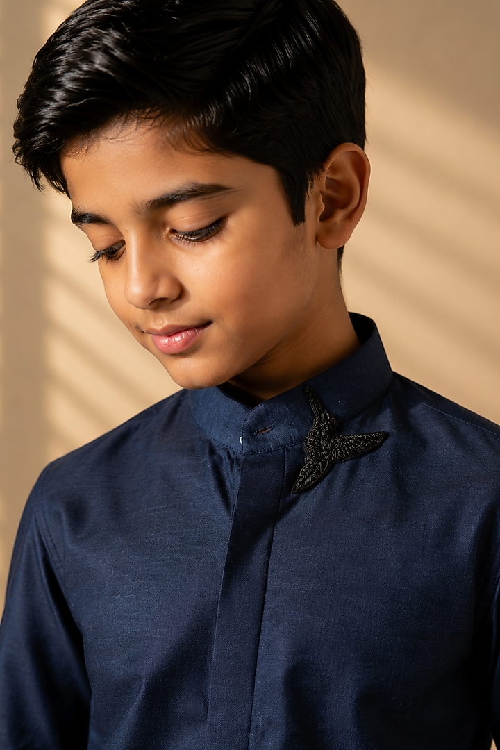 Blue Knit Hand Embroidered Shirt For Boys by Amit Arora Kids at Pernia's Pop Up Shop