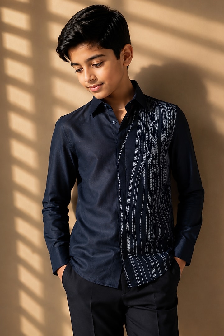 Navy Blue Linen Embroidered Shirt For Boys by Amit Arora Kids at Pernia's Pop Up Shop