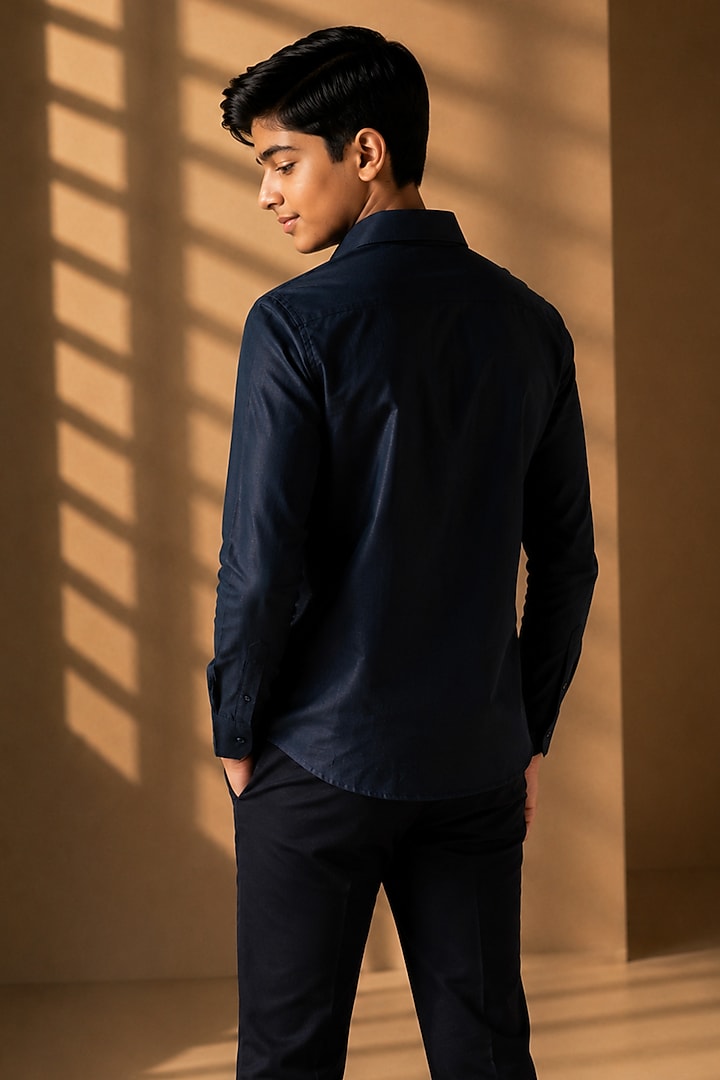 Navy Blue Linen Embroidered Shirt For Boys by Amit Arora Kids at Pernia's Pop Up Shop