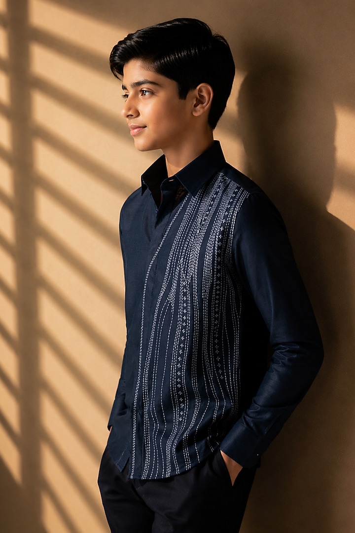 Navy Blue Linen Embroidered Shirt For Boys by Amit Arora Kids at Pernia's Pop Up Shop