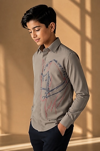 Grey Polynosic Motif Embroidered Shirt For Boys by Amit Arora Kids