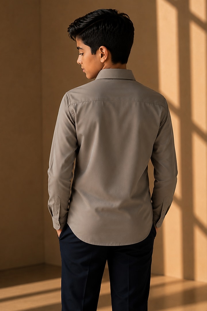 Grey Polynosic Motif Embroidered Shirt For Boys by Amit Arora Kids at Pernia's Pop Up Shop