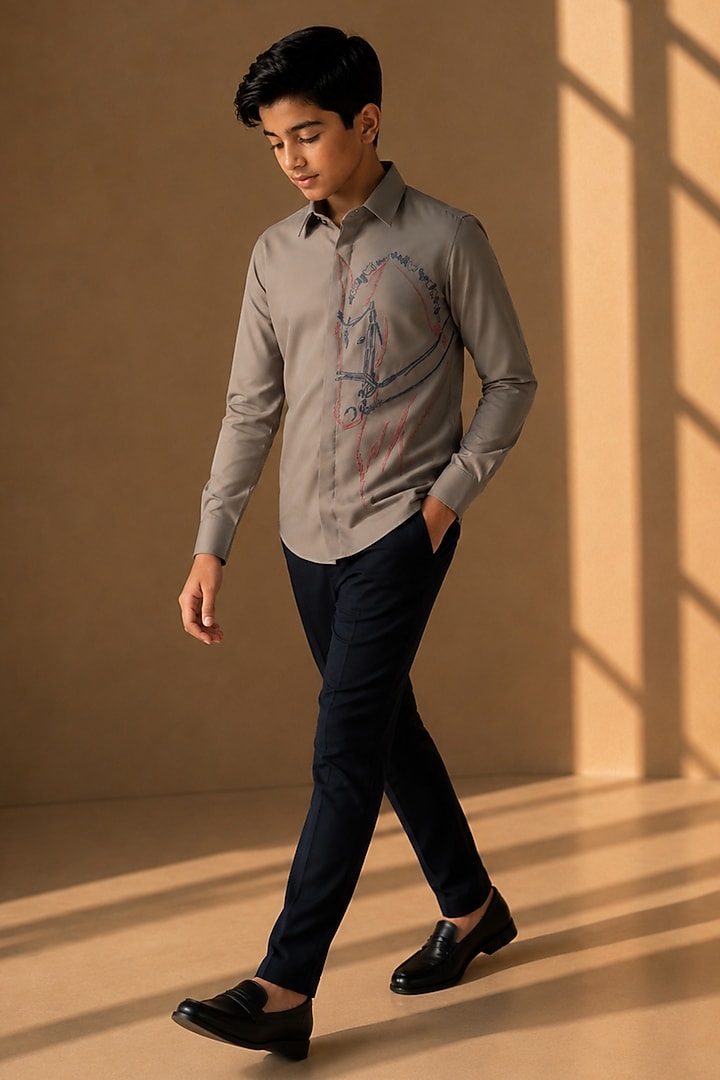 Grey Polynosic Motif Embroidered Shirt For Boys by Amit Arora Kids at Pernia's Pop Up Shop