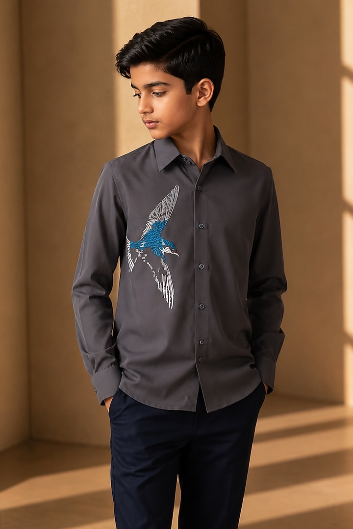 Dark Grey Polynosic Motif Embroidered Shirt For Boys by Amit Arora Kids at Pernia's Pop Up Shop