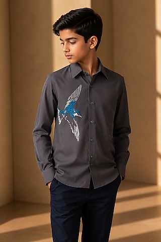 Dark Grey Polynosic Motif Embroidered Shirt For Boys by Amit Arora Kids
