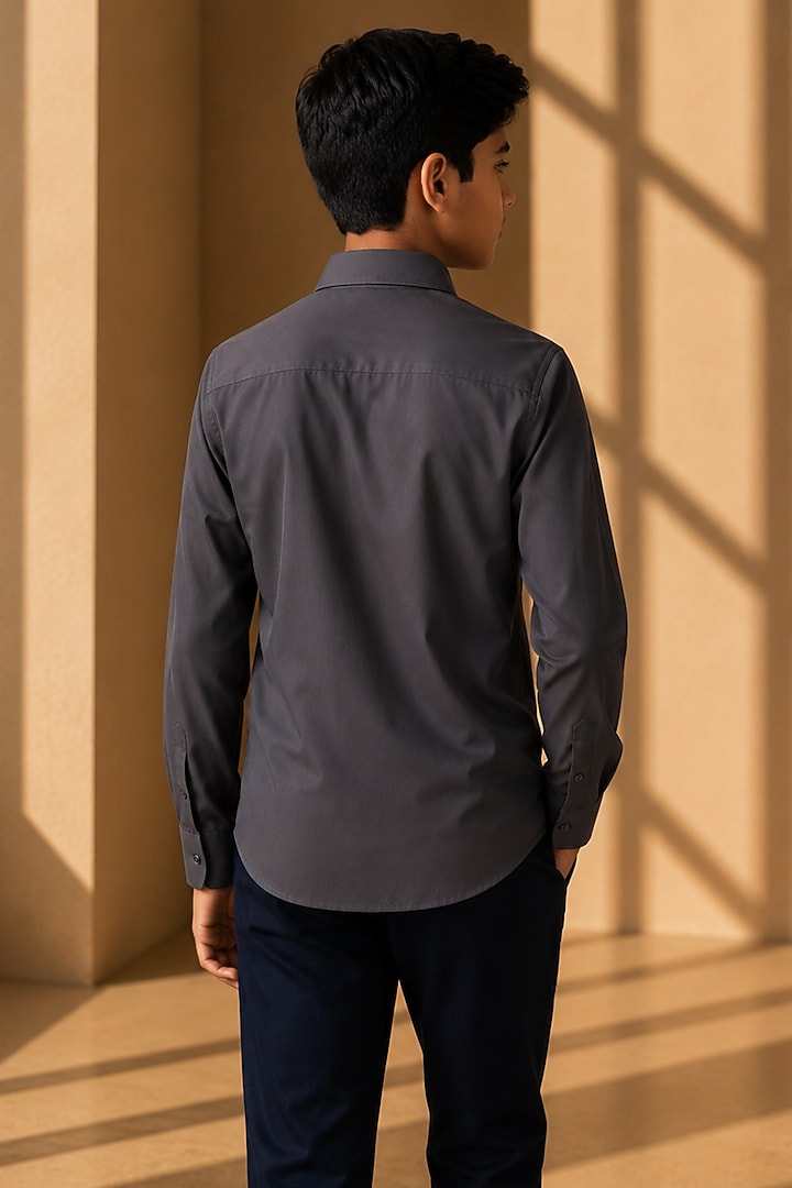Dark Grey Polynosic Motif Embroidered Shirt For Boys by Amit Arora Kids at Pernia's Pop Up Shop