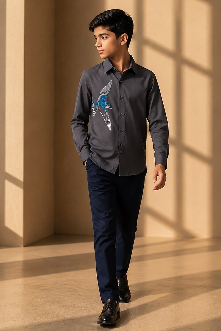 Dark Grey Polynosic Motif Embroidered Shirt For Boys by Amit Arora Kids at Pernia's Pop Up Shop