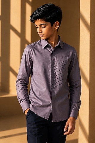 Mauve Linen Pleated Shirt For Boys by Amit Arora Kids