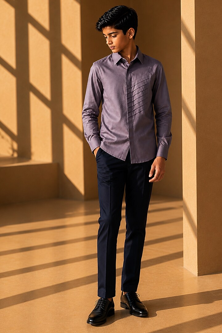 Mauve Linen Pleated Shirt For Boys by Amit Arora Kids at Pernia's Pop Up Shop