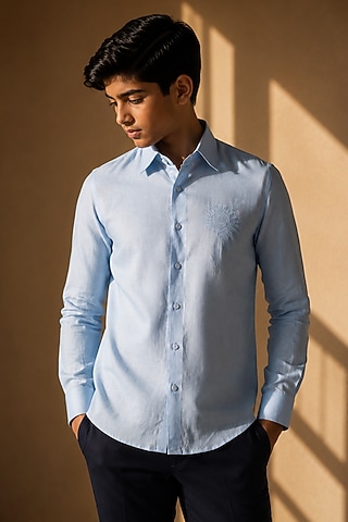 Sky Blue Linen Floral Motif Embroidered Shirt For Boys by Amit Arora Kids