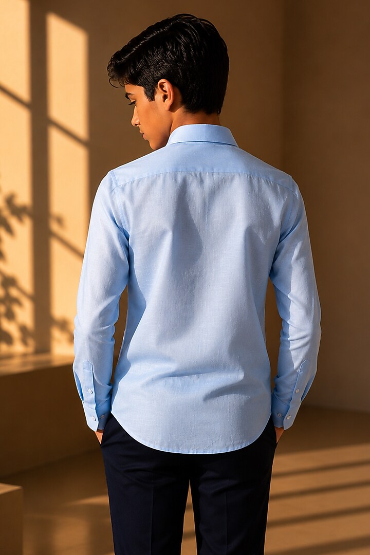 Sky Blue Linen Floral Motif Embroidered Shirt For Boys by Amit Arora Kids at Pernia's Pop Up Shop