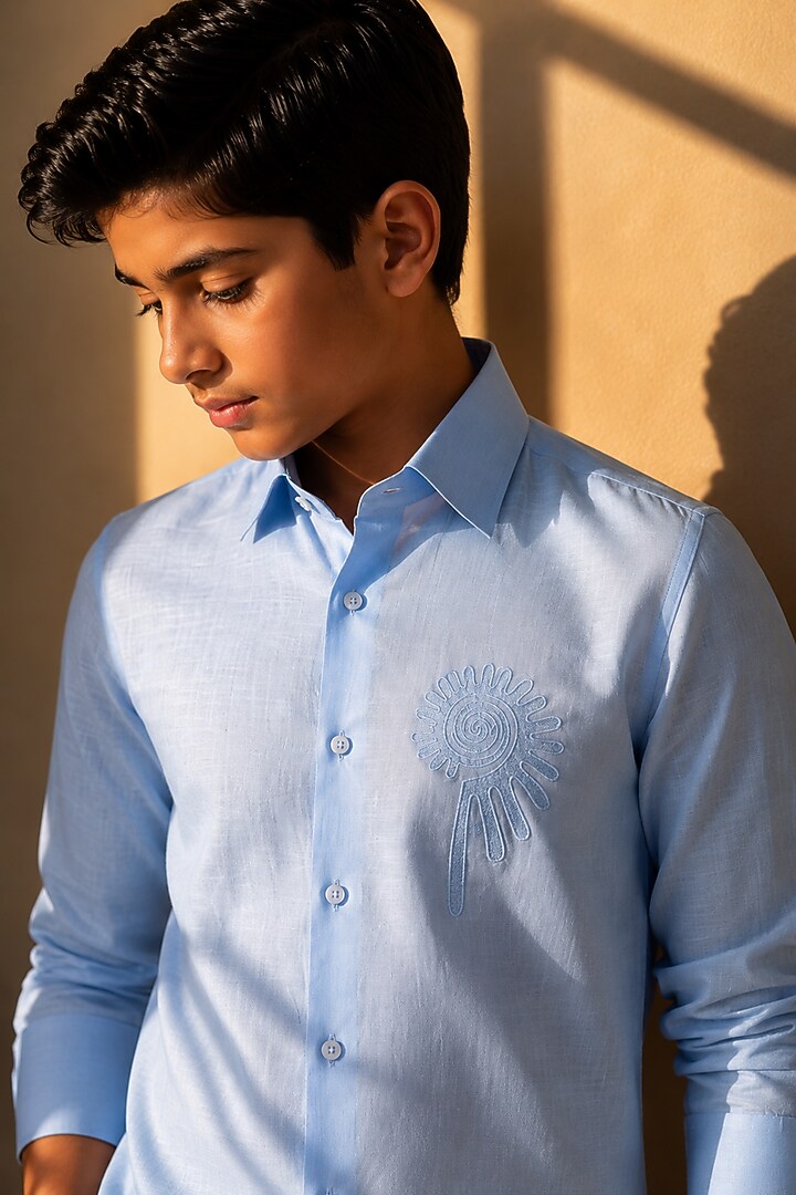 Sky Blue Linen Floral Motif Embroidered Shirt For Boys by Amit Arora Kids at Pernia's Pop Up Shop
