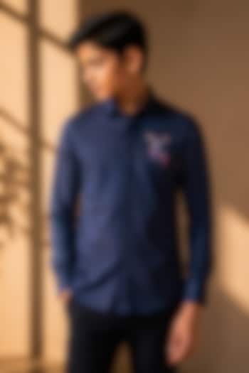 Navy Blue Knit Motif Embroidered Shirt For Boys by Amit Arora Kids at Pernia's Pop Up Shop