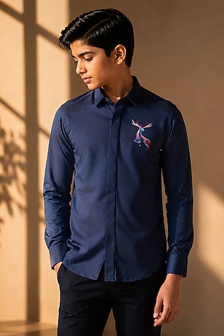 Navy Blue Knit Motif Embroidered Shirt For Boys by Amit Arora Kids