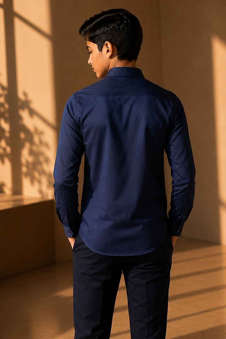 Navy Blue Knit Motif Embroidered Shirt For Boys by Amit Arora Kids at Pernia's Pop Up Shop
