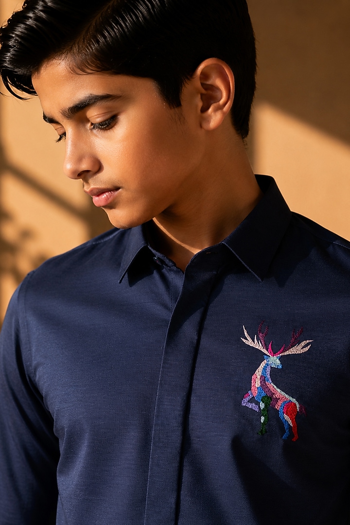 Navy Blue Knit Motif Embroidered Shirt For Boys by Amit Arora Kids at Pernia's Pop Up Shop