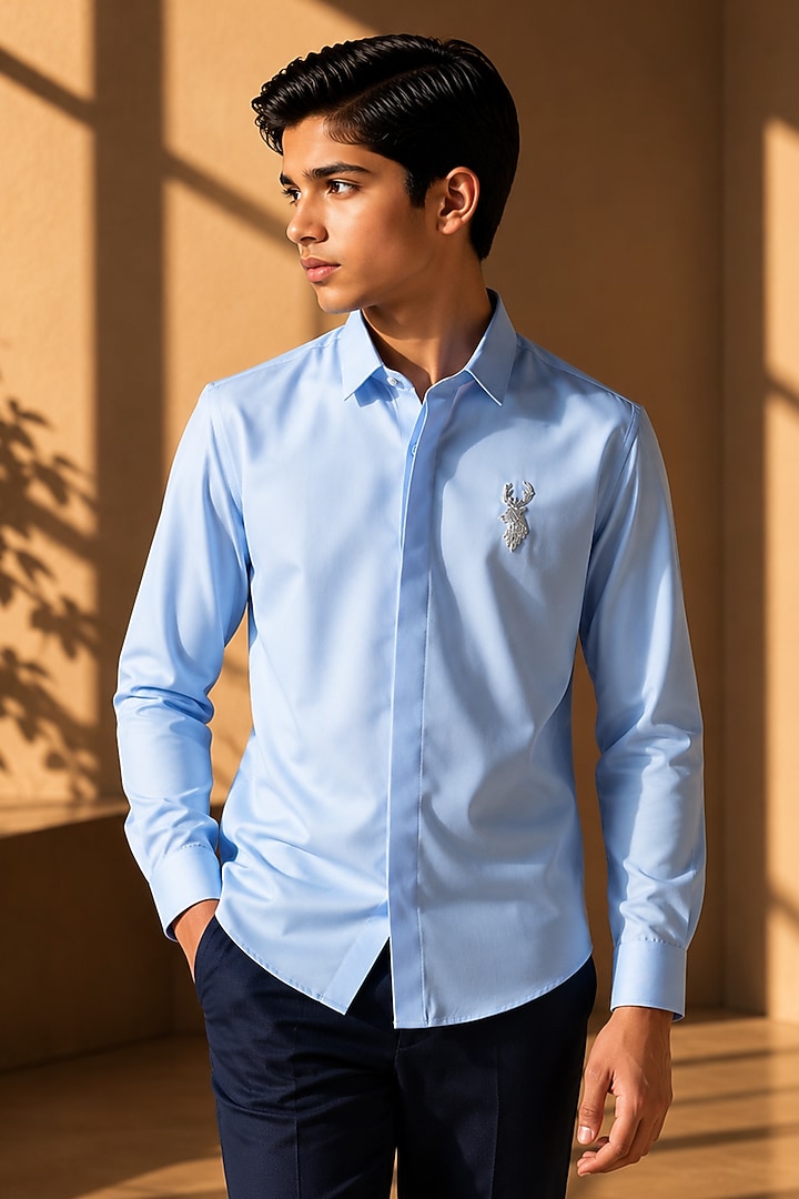 Sky Blue Polynosic Hand Embroidered Shirt For Boys by Amit Arora Kids at Pernia's Pop Up Shop