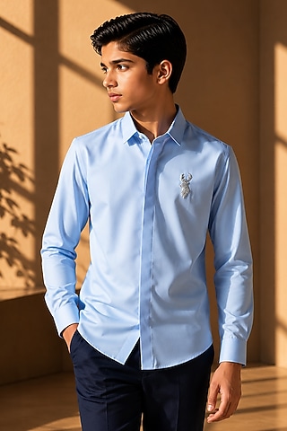 Sky Blue Polynosic Hand Embroidered Shirt For Boys by Amit Arora Kids