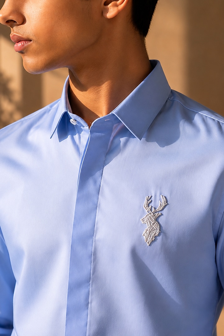 Sky Blue Polynosic Hand Embroidered Shirt For Boys by Amit Arora Kids at Pernia's Pop Up Shop