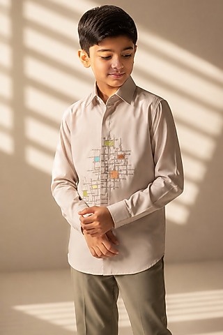 Beige Polynosic Geometric Embroidered Shirt For Boys by Amit Arora Kids