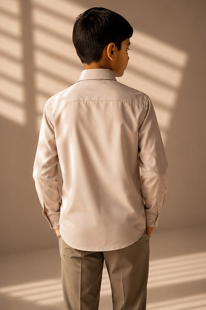 Beige Polynosic Geometric Embroidered Shirt For Boys by Amit Arora Kids at Pernia's Pop Up Shop