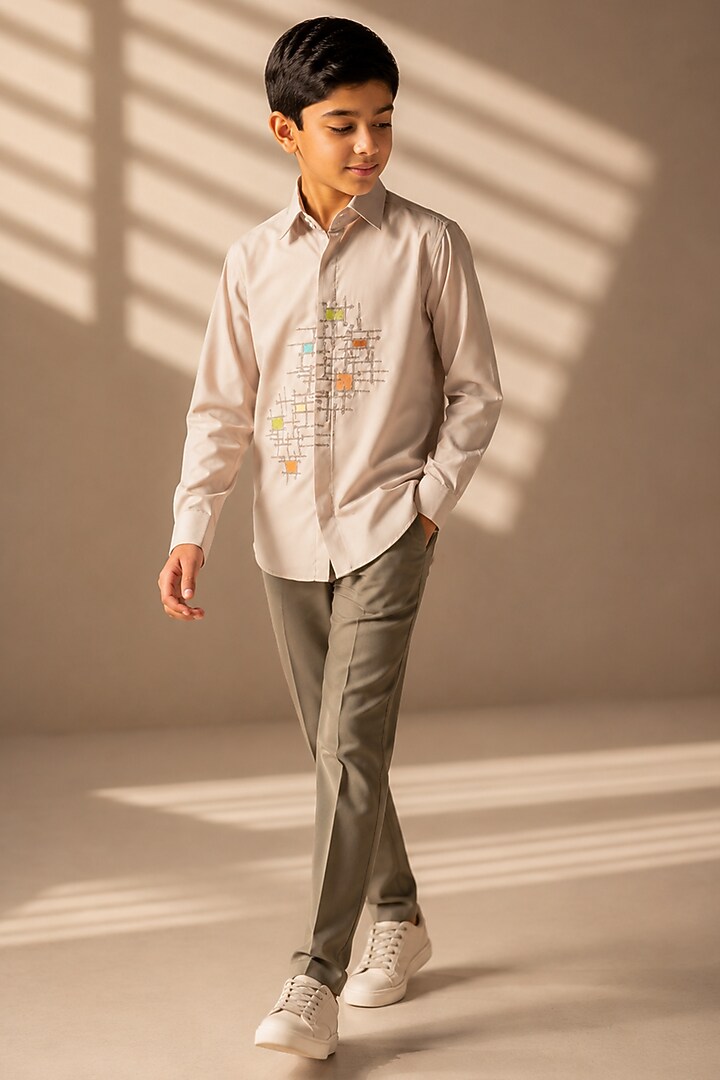 Beige Polynosic Geometric Embroidered Shirt For Boys by Amit Arora Kids at Pernia's Pop Up Shop