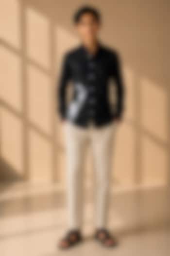 Black Cotton Lycra Motif Embroidered Shirt For Boys by Amit Arora Kids at Pernia's Pop Up Shop