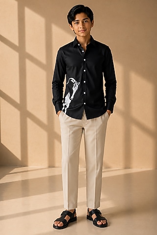 Black Cotton Lycra Motif Embroidered Shirt For Boys by Amit Arora Kids